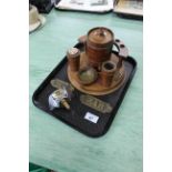 An antique wooden smokers tray with tobacco jar, pipe rack,