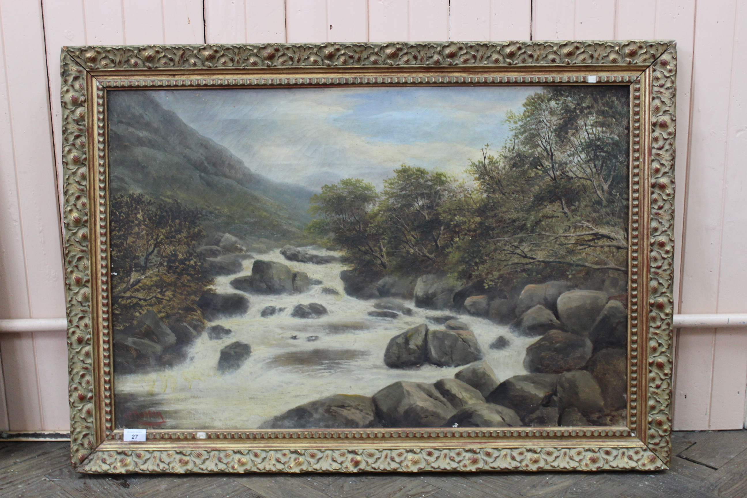 A large oil on canvas of a fast flowing moorland river with rocks in the foreground,