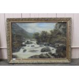 A large oil on canvas of a fast flowing moorland river with rocks in the foreground,