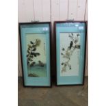 A pair of Chinese framed bird studies decorated with real feathers on the birds and the floral