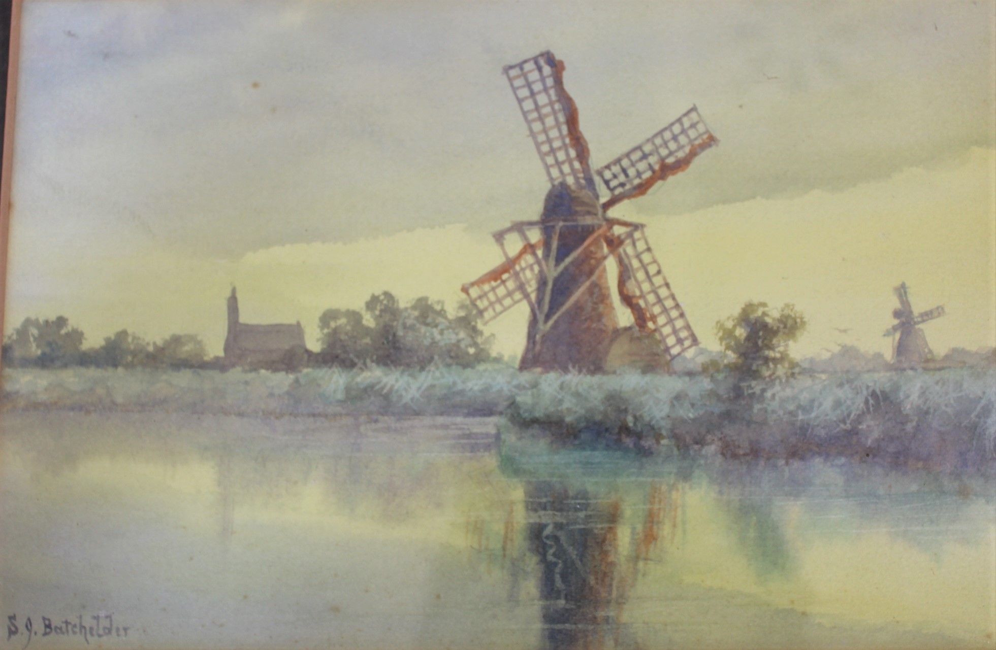A broadland watercolour of a windmill signed S J Batchelder 6 1/4" x 9 1/2" plus an oval - Bild 2 aus 6