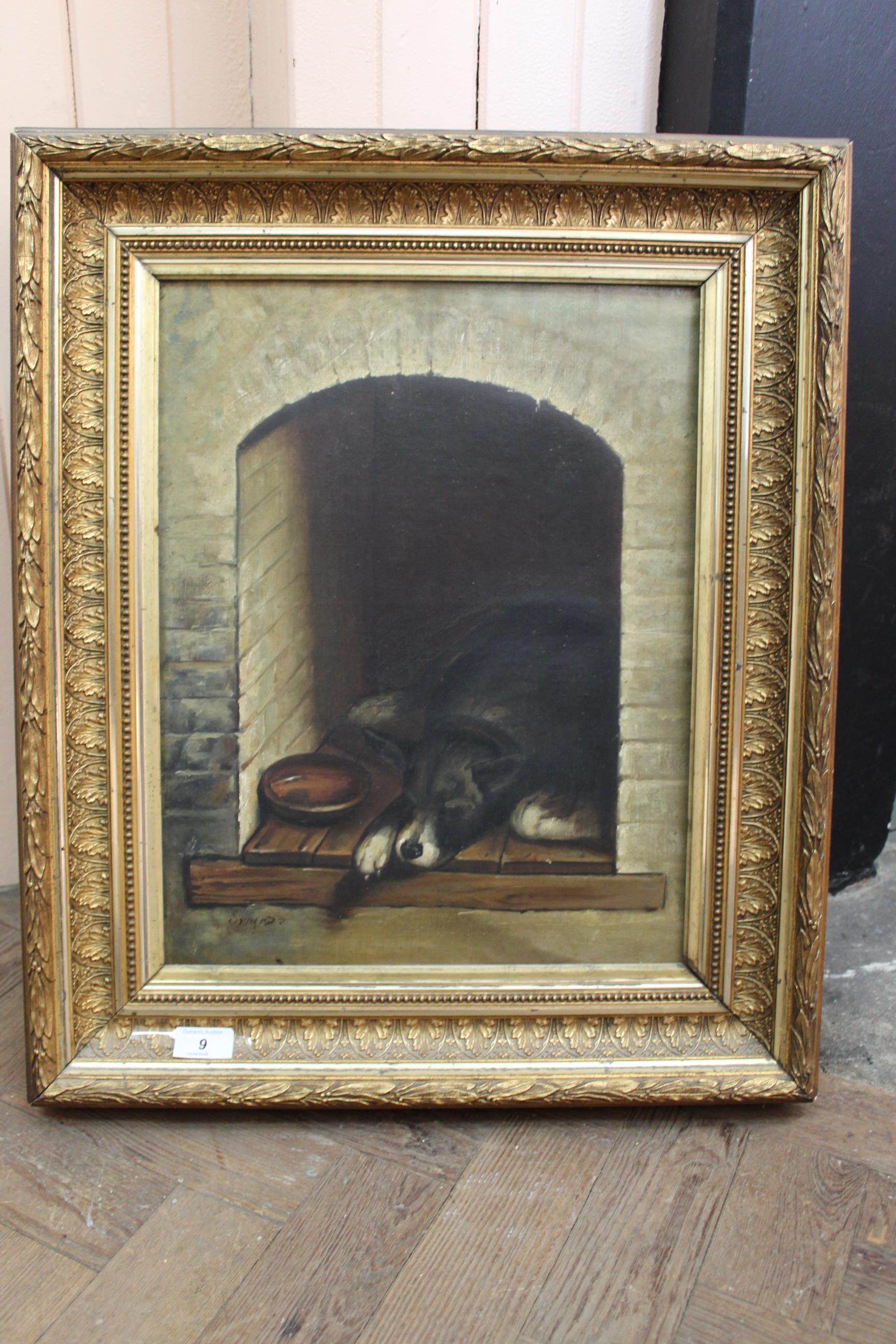 A late 19th Century oil painting on canvas of a dog asleep in a kennel, signed 'Everard',