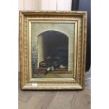 A late 19th Century oil painting on canvas of a dog asleep in a kennel, signed 'Everard',