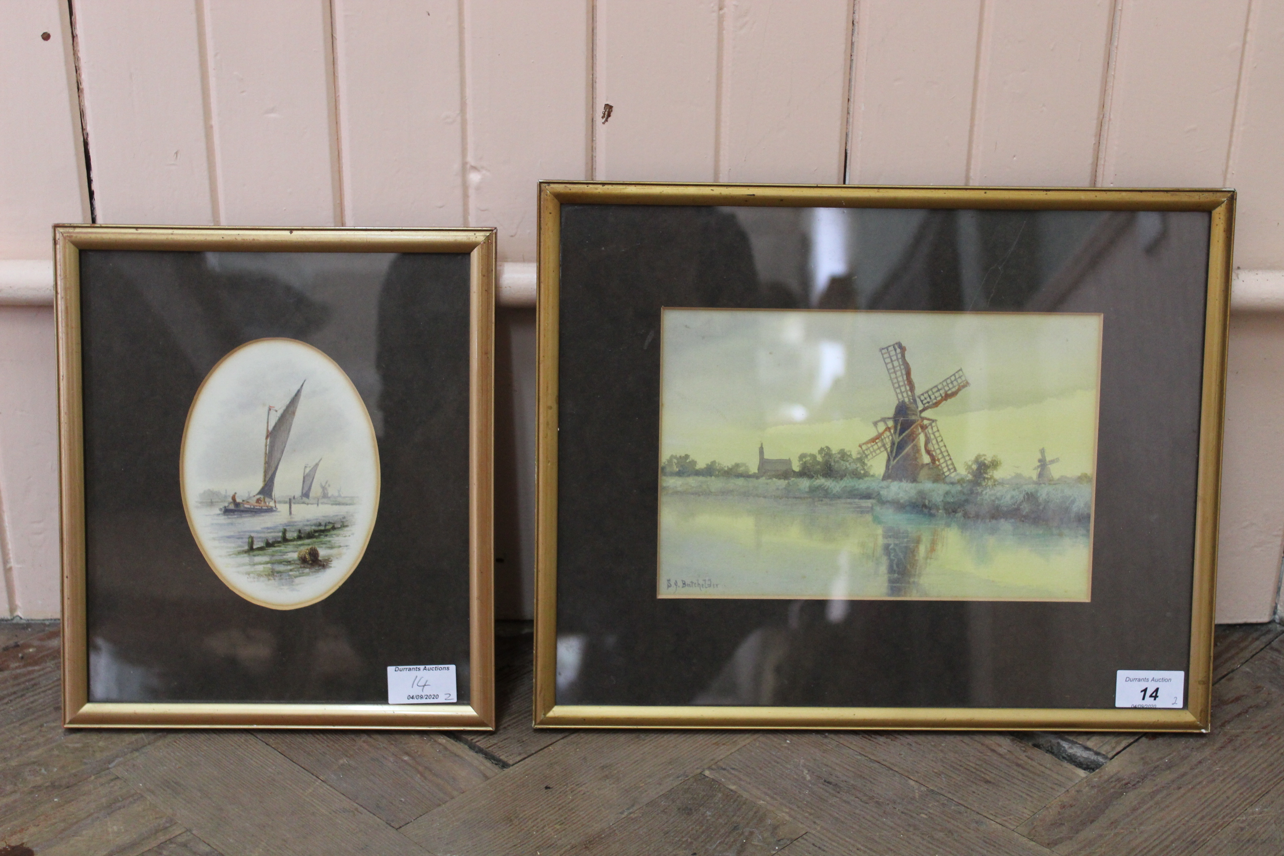 A broadland watercolour of a windmill signed S J Batchelder 6 1/4" x 9 1/2" plus an oval