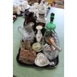 A tray of mixed items to include green glass decanter and six glasses, a Royal Albert vase,