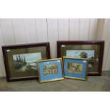 A pair of late 19th Century framed watercolours of cottage scenes plus a pair of framed prints of