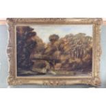 An oil painting of a rural scene, bridge over river, unsigned in gilt frame,