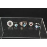 Five silver stone set rings including topaz, opal, garnet, apatite and labradorite,