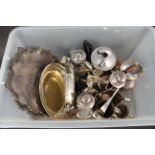 A quantity of silver plated items including entree dish, salver, tea caddy,