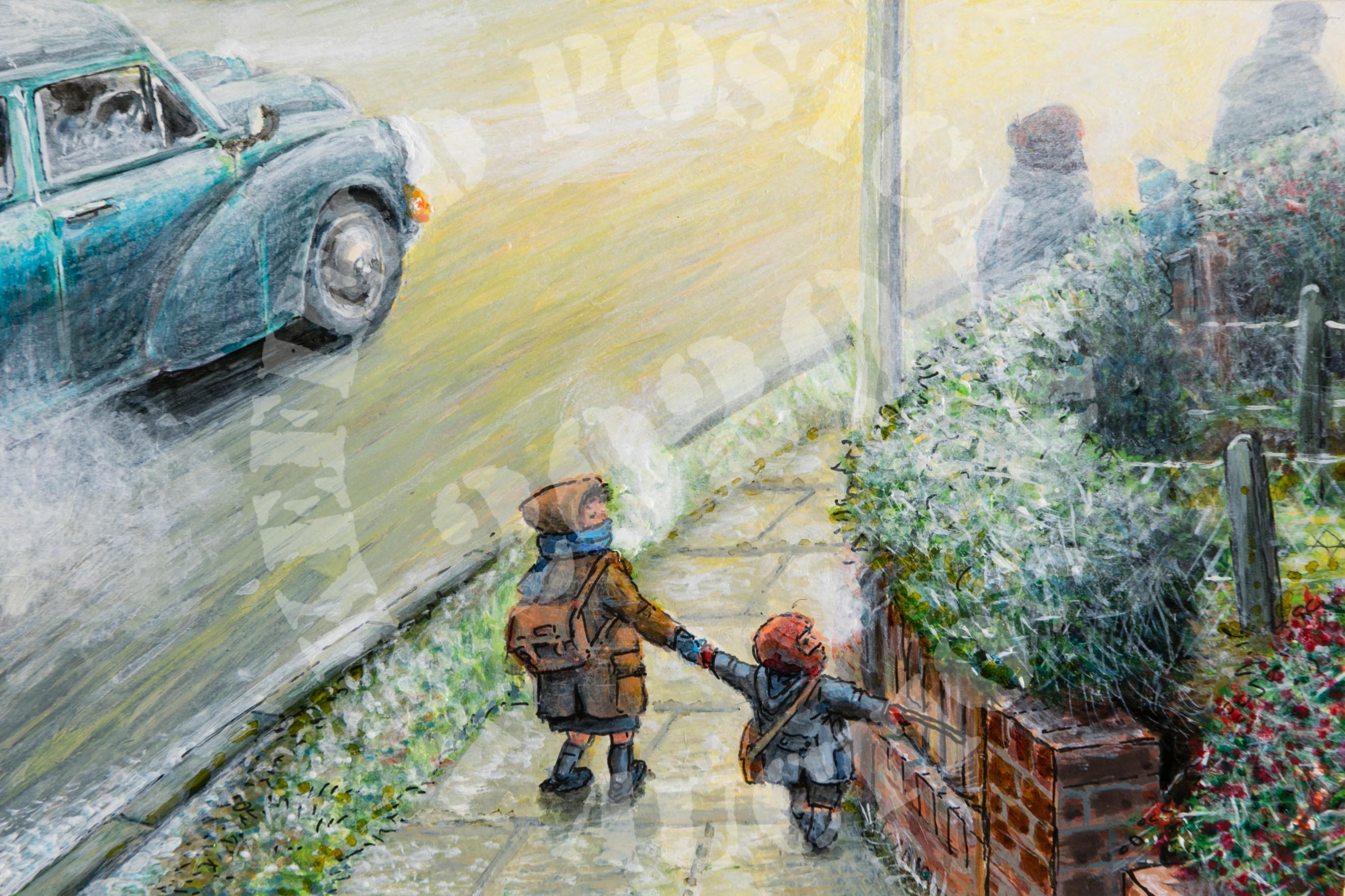 Frosty Walk to School with Big Sis (late 1950's) - acrylic paint & brush pens