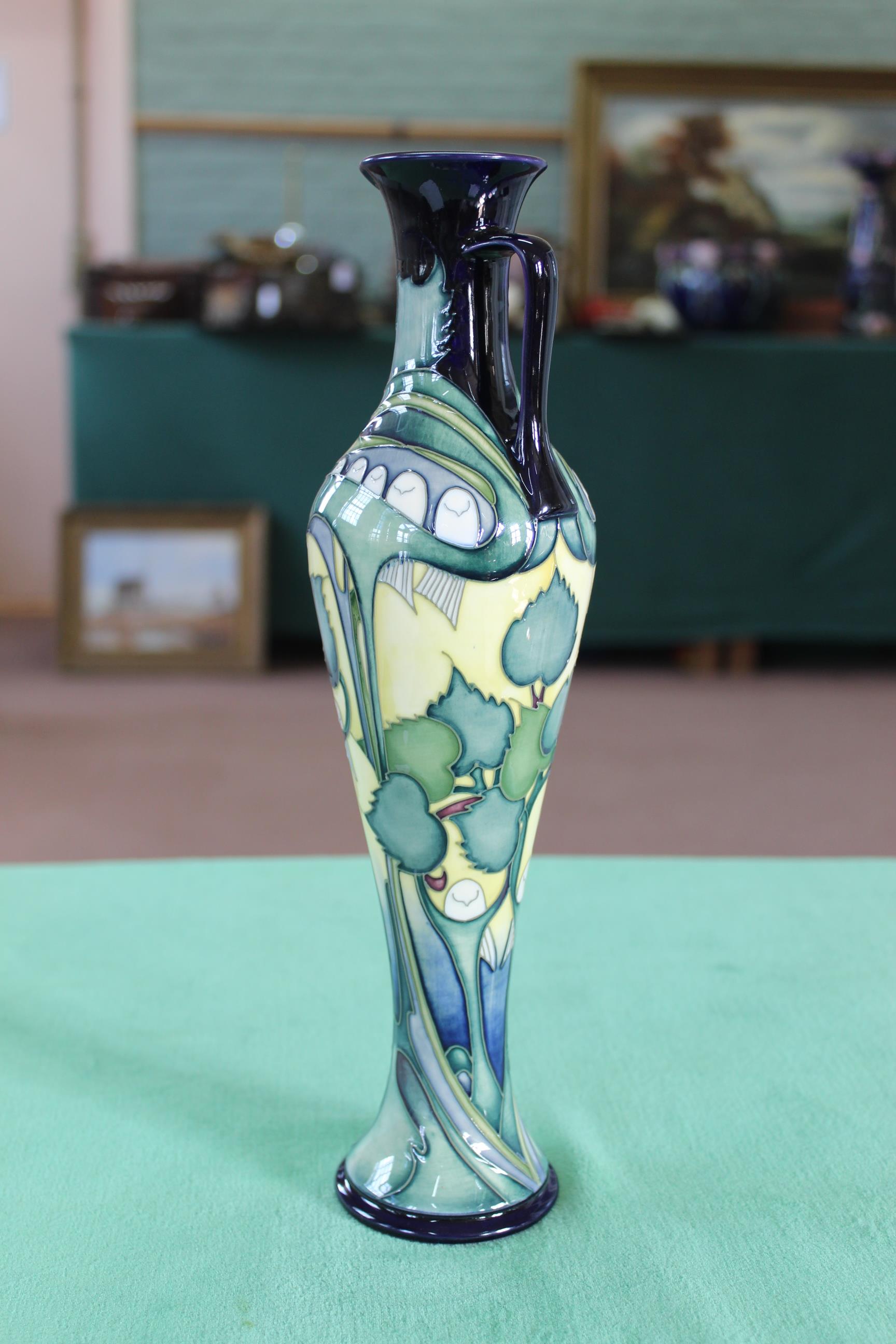 A Moorcroft 'Tree Doves' pattern slim ewer, 2005 by E Bossons, limited edition 31/200, 12 1/4" tall, - Image 2 of 3