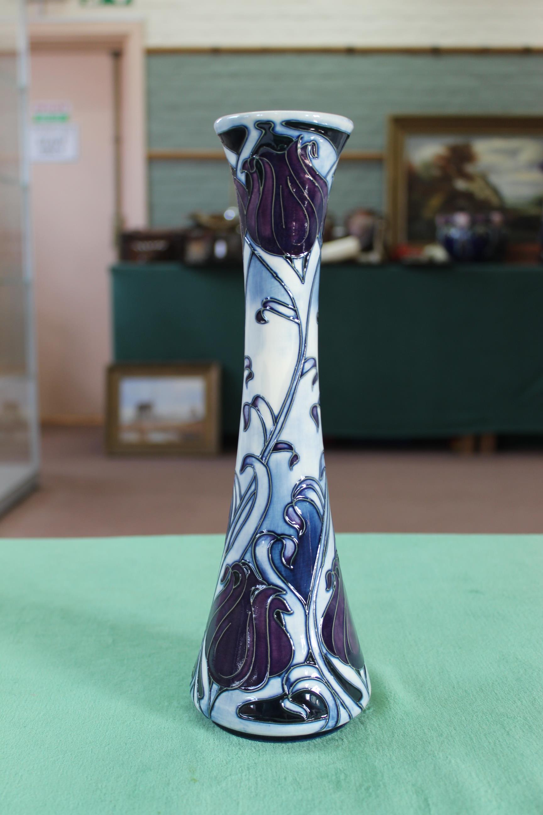 A Moorcroft 'LA Tulip Noire' pattern vase, 2003 by E Bossons, limited edition 82/100, 12" high, - Image 2 of 3