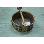 An unusual antique shallow bronze mortar with raised fleur de lys decoration, 5" dia,