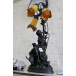 A 20th Century bronze effect three branch pendant light with Art Nouveau style glass shades mounted