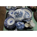 Four Copeland Spode Italian pattern soup dishes and saucers together with a large blue and white