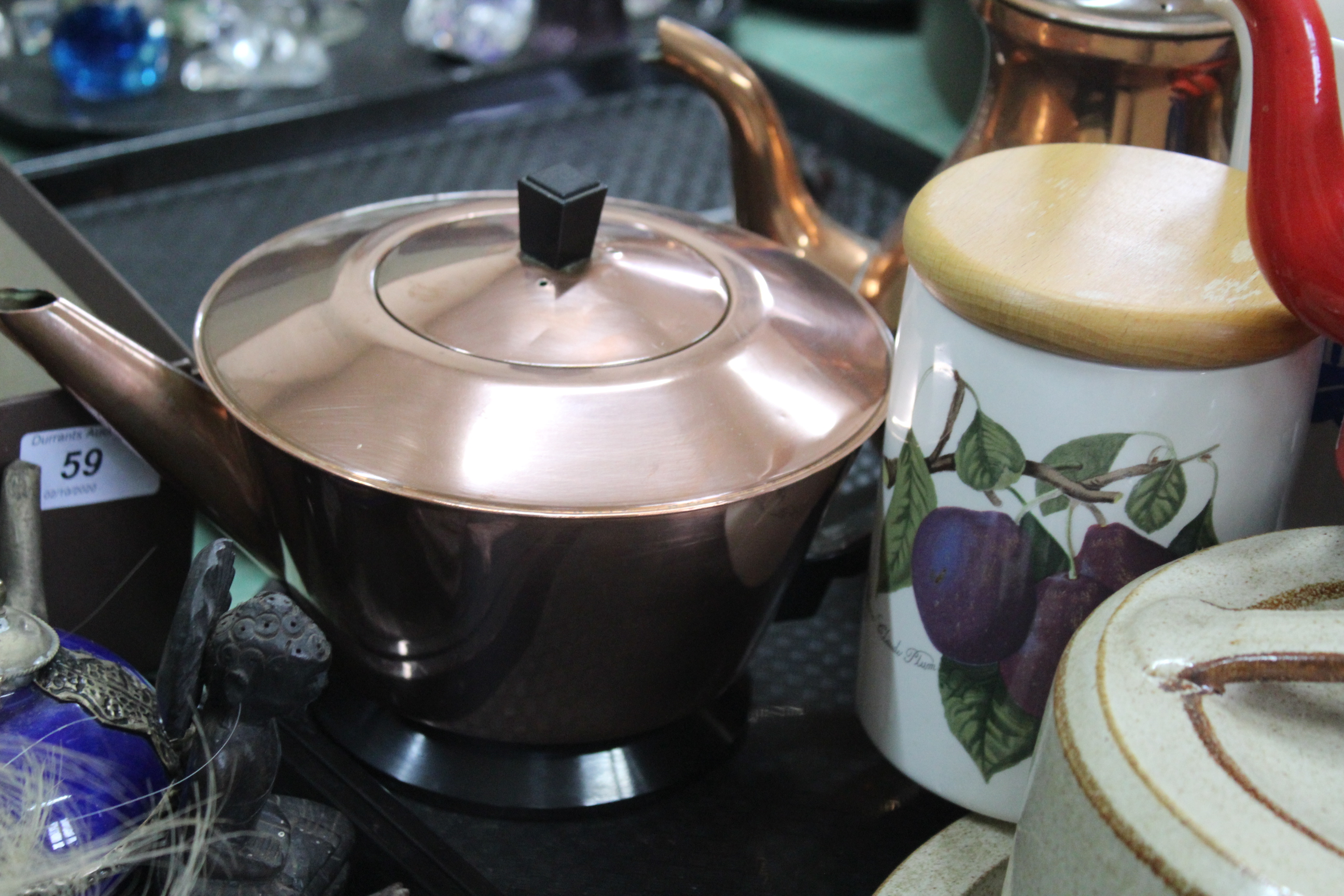 A tray of kitchen items including a pottery cheese dish, plated gong on stand, - Image 2 of 3