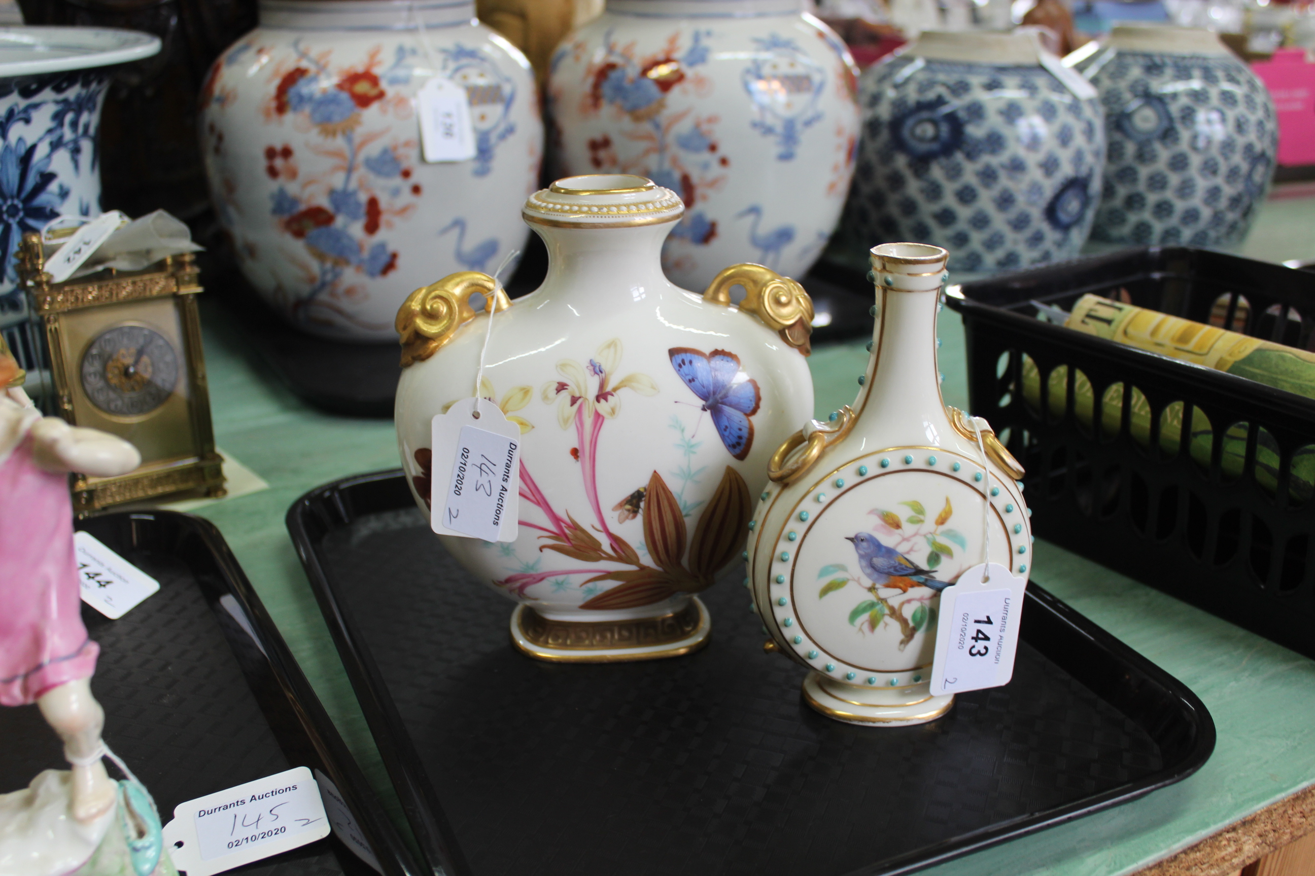 Two Worcester flask vases, one with bird portraits, the other with butterflies and flowers, - Image 3 of 3