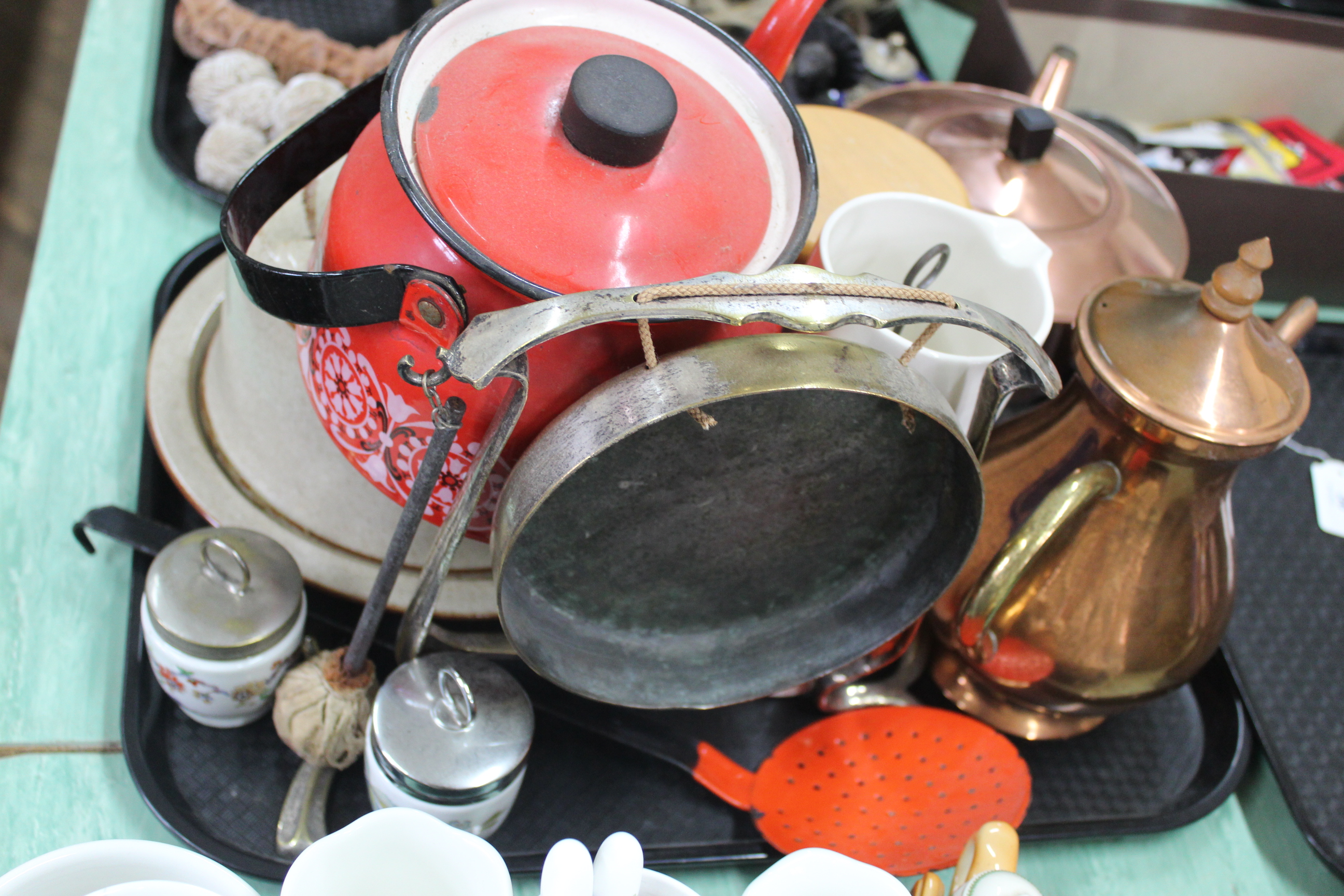 A tray of kitchen items including a pottery cheese dish, plated gong on stand, - Image 3 of 3