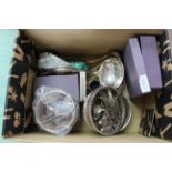 A mixed lot of silver plate including four pierced design wood base coasters, utensils,