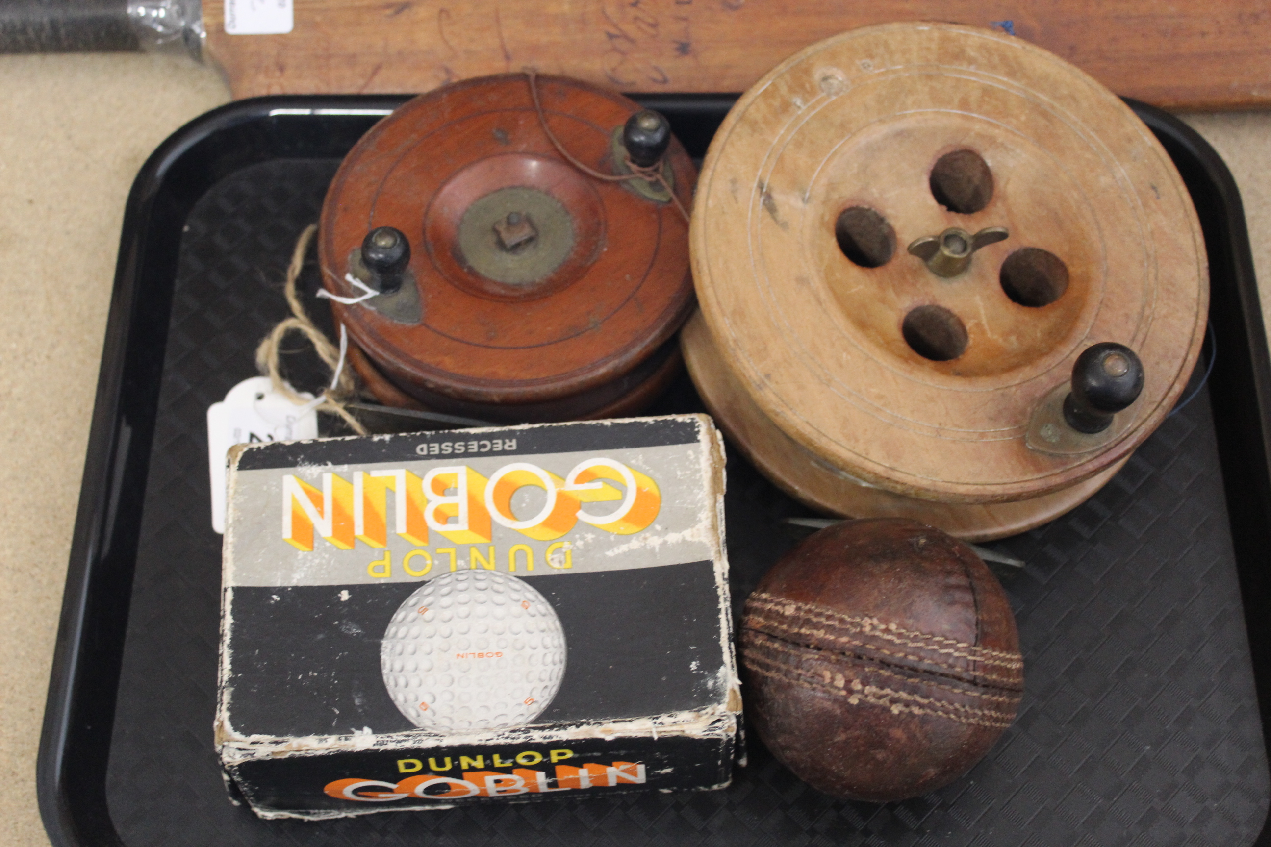 Two vintage wooden sea reels, a vintage cricket ball, - Image 2 of 3