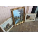 A framed watercolour of a continental street scene with river frontage,