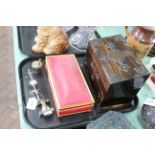 A painted wood and metal bound stationary/jewellery box plus a modern red and gilt jewellery box