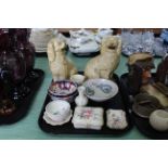 A tray with a pair of Staffordshire dogs (one as found),