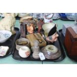 A tray with two Doulton character jug 'Long John Silver' D6335 and 'The Poacher' D6429,