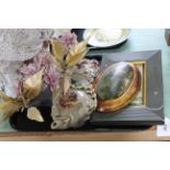 A tray with Chinese style stone carved teapots, metal flower display, carved stone snuff bottle,