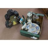A box with a Chinese hand decorated plate, large pewter ewer, large continental ceramic clock,