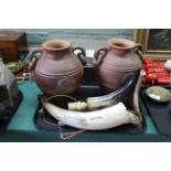 A pair of salt glaze stoneware vases with ring handles plus two horn ornaments and a horn lamp