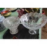 A large glass fruit bowl plus a cut glass bowl on round cut glass base with hob nail cutting to