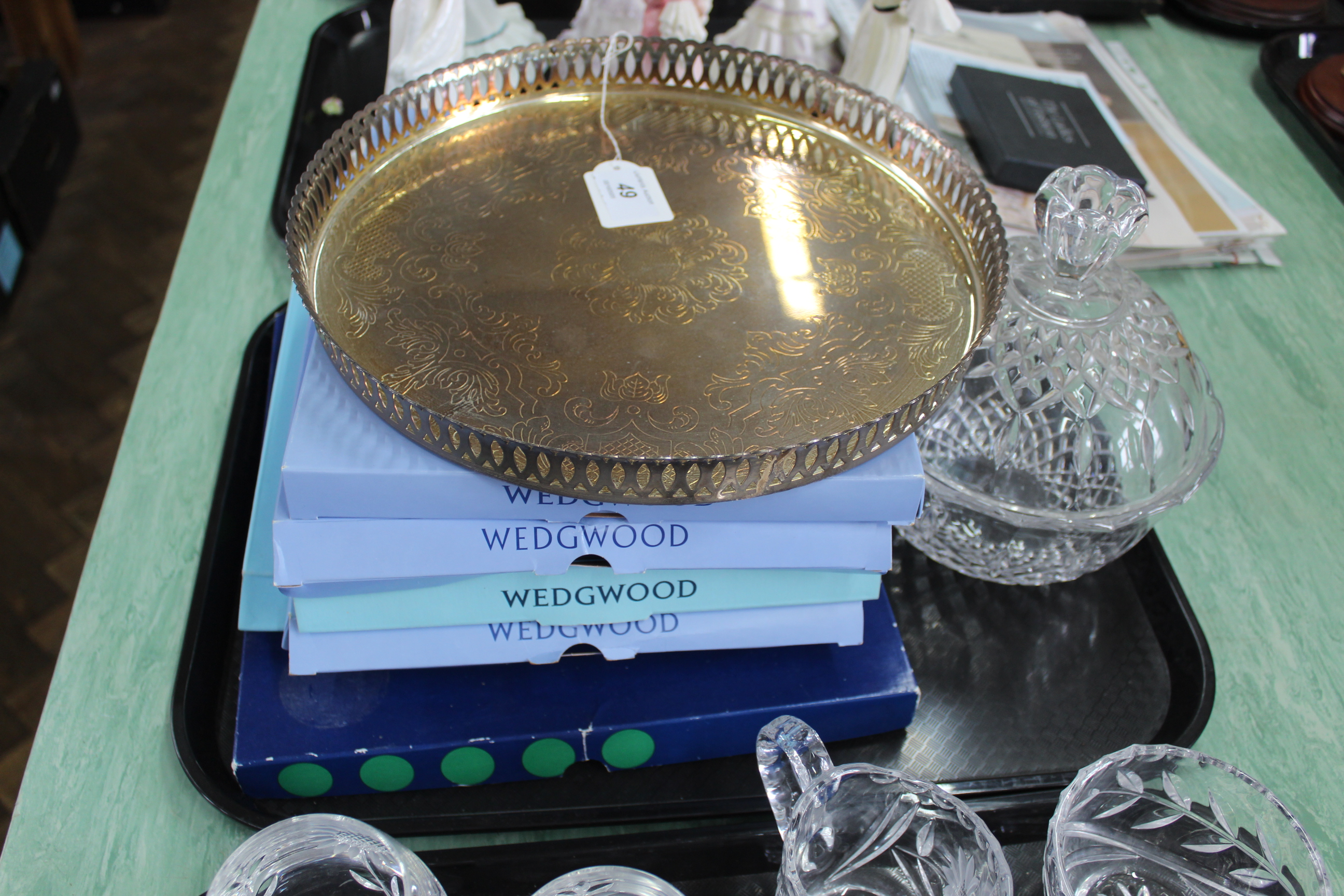 Five Wedgwood Royal commemorative plates plus a plated tray and a glass bowl with lid