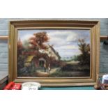 A large framed oil painting in gilt frame of a rural scene with shepherd, signed W K Cooper 77,