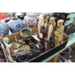 A selection of faux ivory/resin Chinese style figures plus a brass Chinese koro