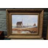 A late 19th Century framed watercolour of a coastal scene with fishing boats and a fishermans hut,