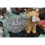 A large moulded glass fruit bowl on matching stand plus a large Sylvac seated dog,