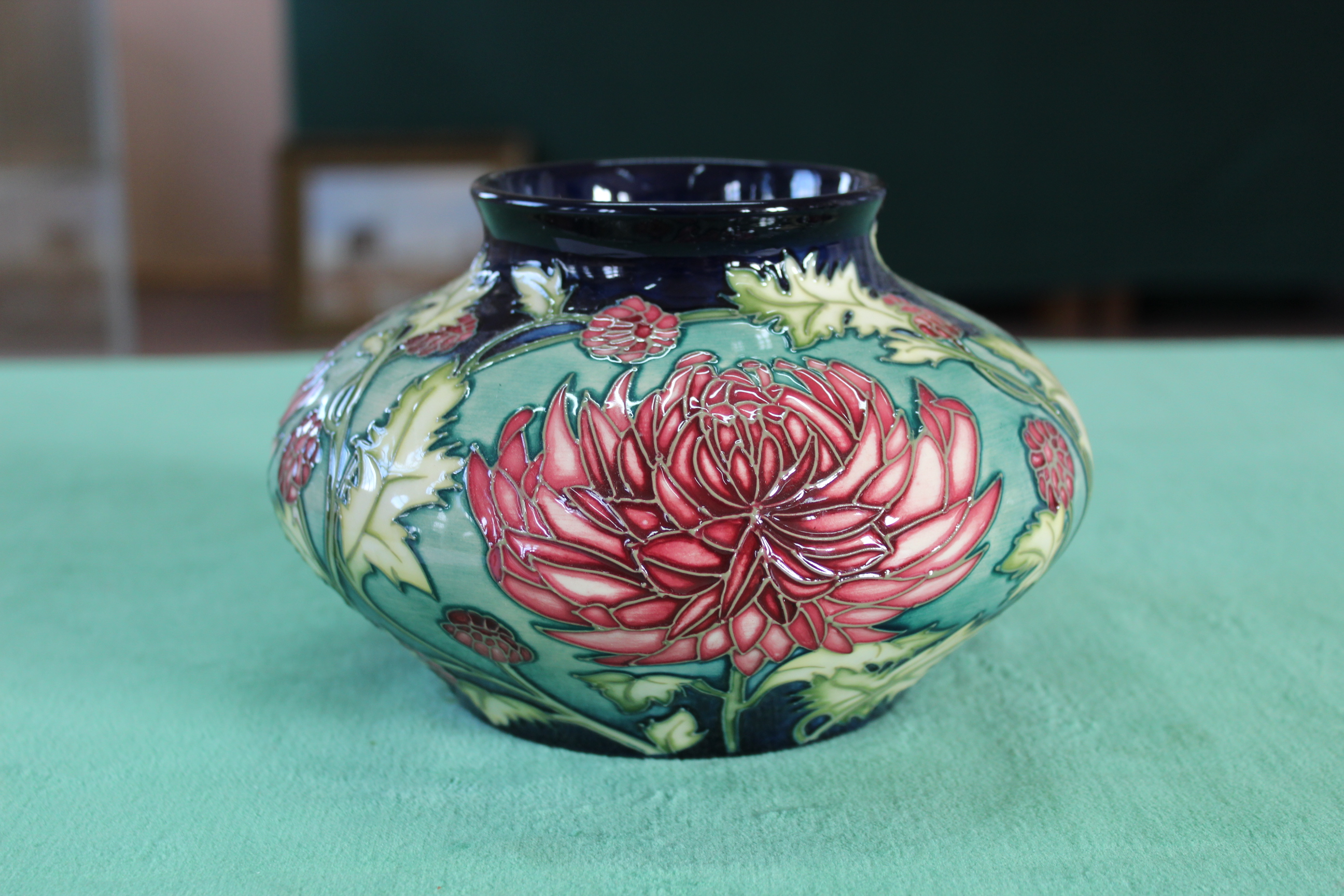 A Moorcroft 'Chrysanthemum' pattern connoisseur collection squat vase, 2003, 5" high,