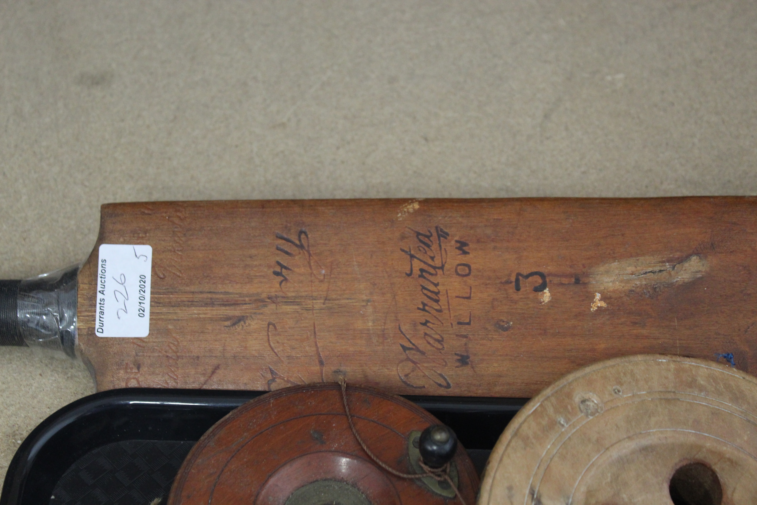 Two vintage wooden sea reels, a vintage cricket ball, - Image 3 of 3