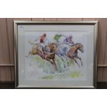 Jacqui Jones watercolour of a Newmarket equine scene,