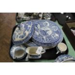 Two blue and white meat plates, dinner plates, Johnson Bros cups,