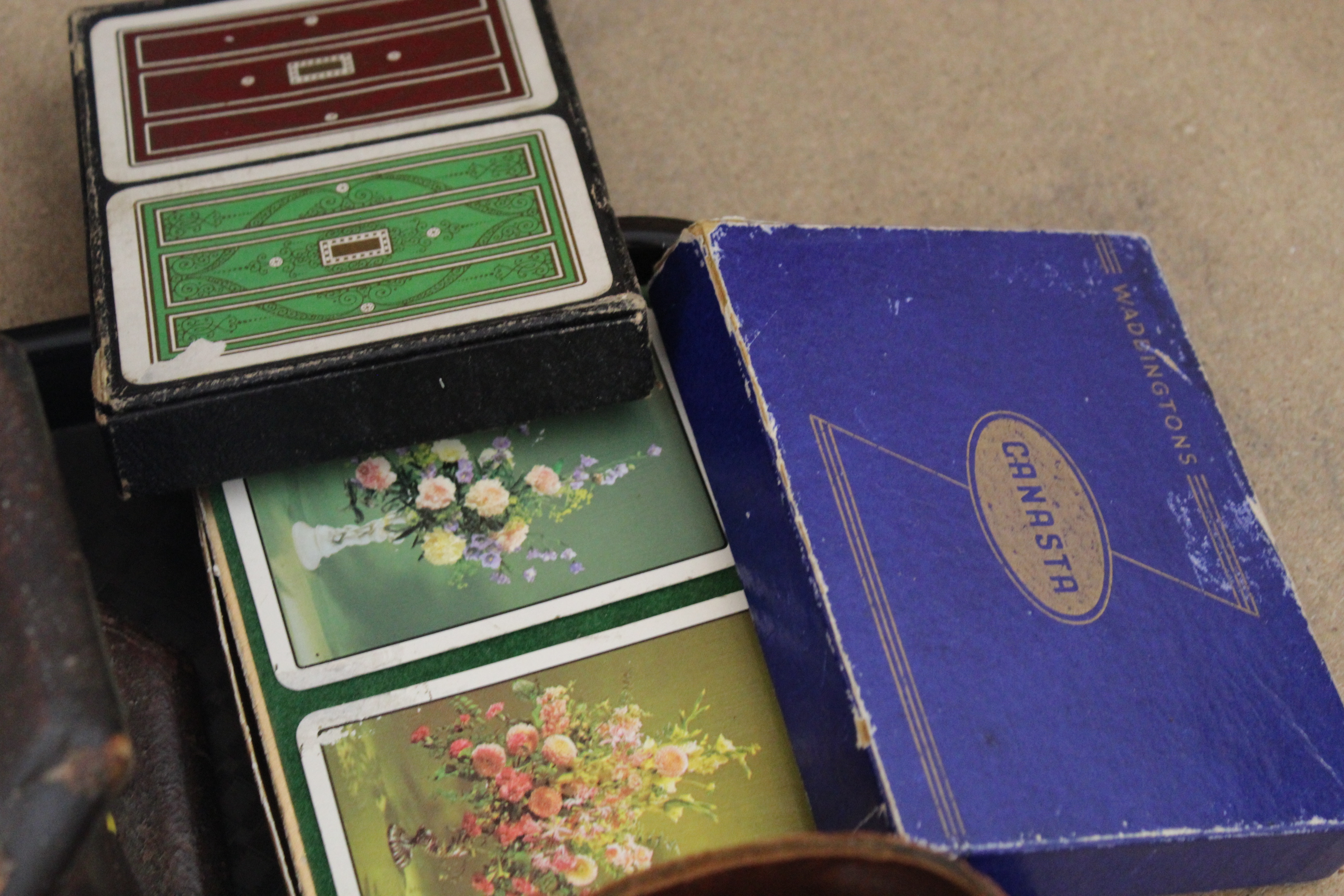 Three double sets of vintage playing cards, a games chip dispenser, leather dice shaker, - Image 2 of 3