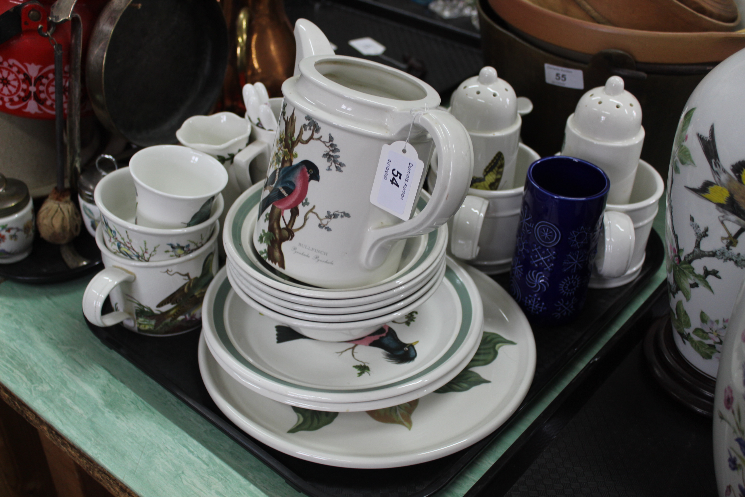 A tray of assorted Portmeirion china including British Birds cereal bowl and Botanical sugar