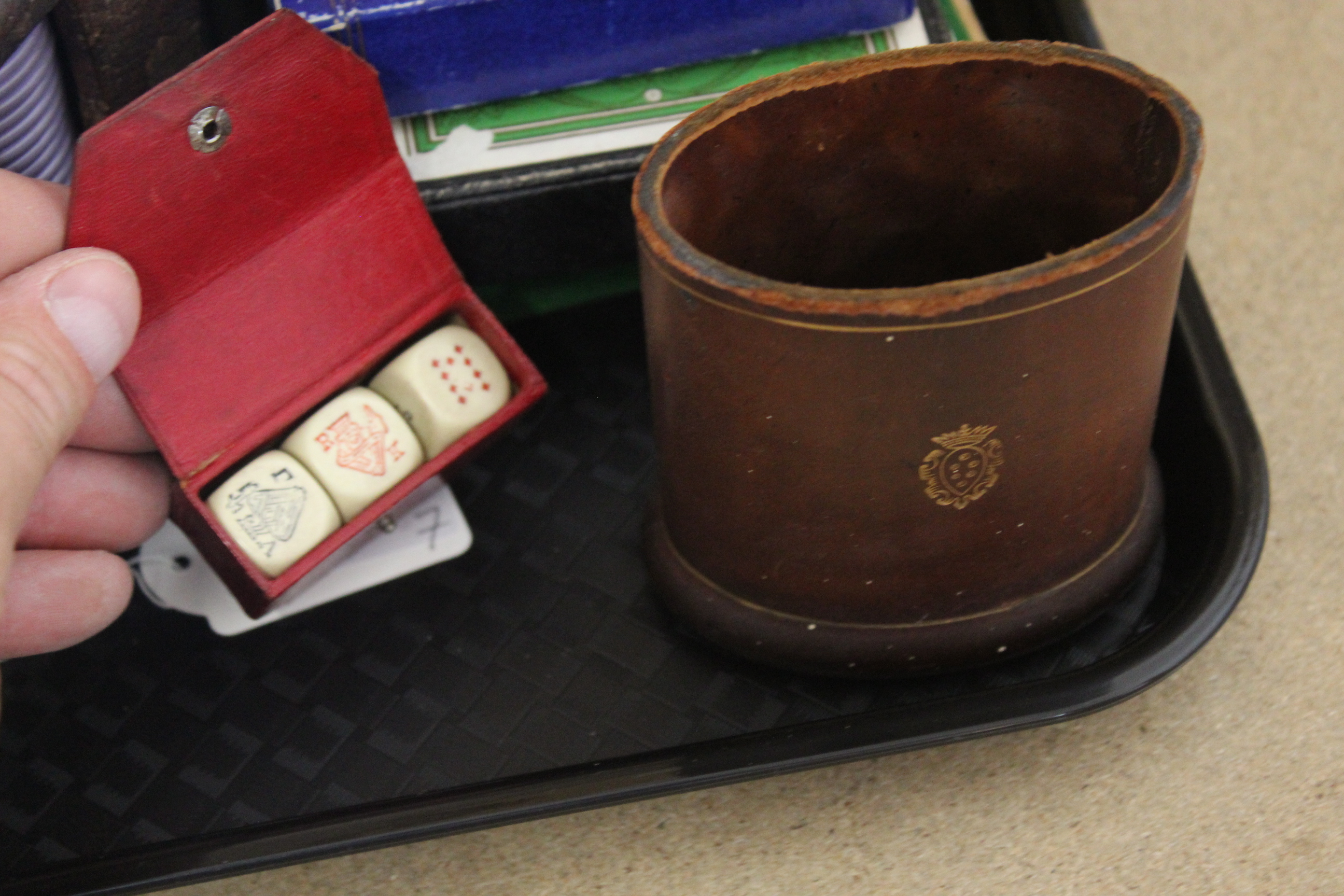 Three double sets of vintage playing cards, a games chip dispenser, leather dice shaker, - Image 3 of 3