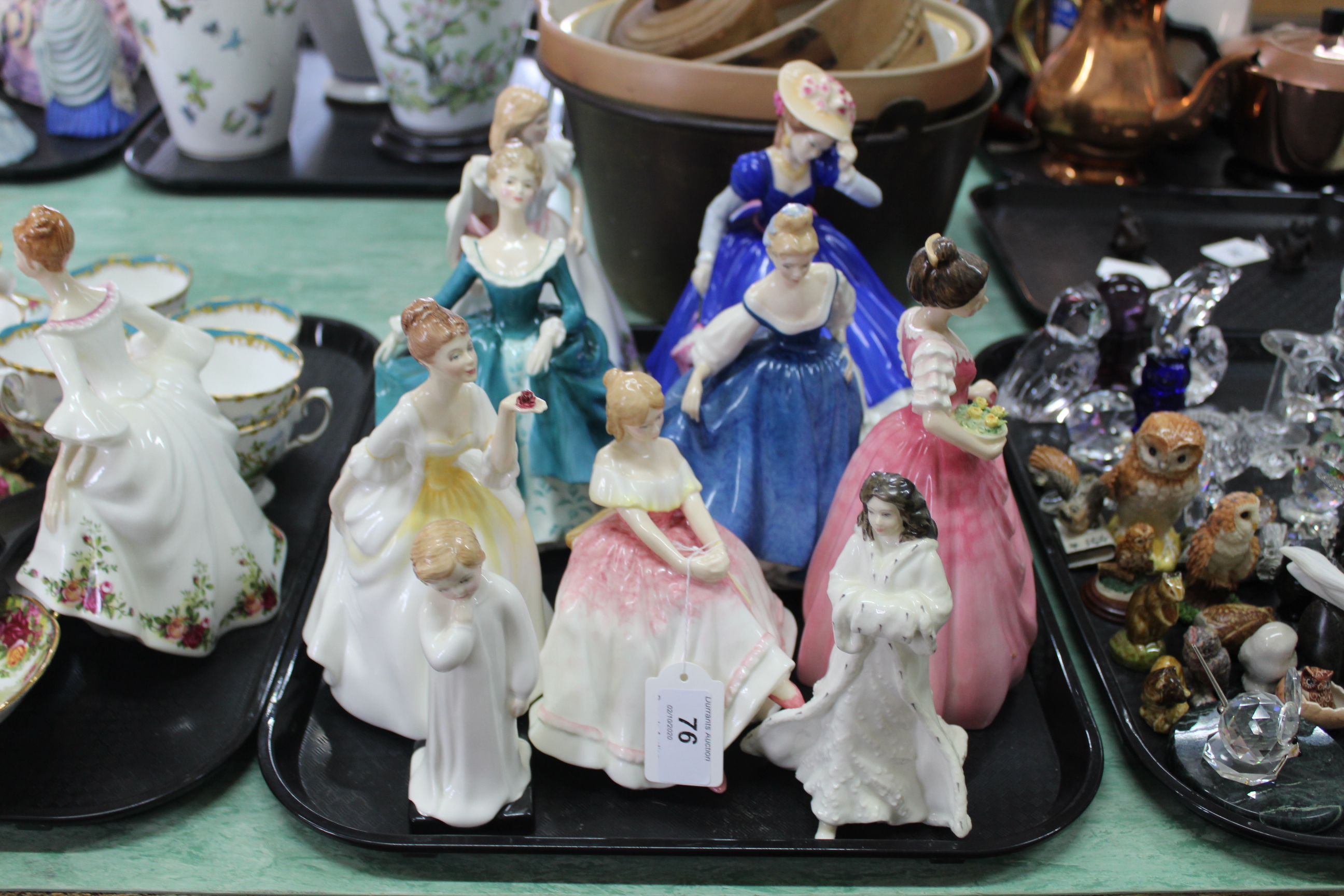 Nine Royal Doulton lady figurines, Joanne HN 3422, Miss Kay HN 3659, Janine HN 2461, Kay HN 3340,
