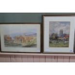 A framed watercolour of Sicilian ruins,