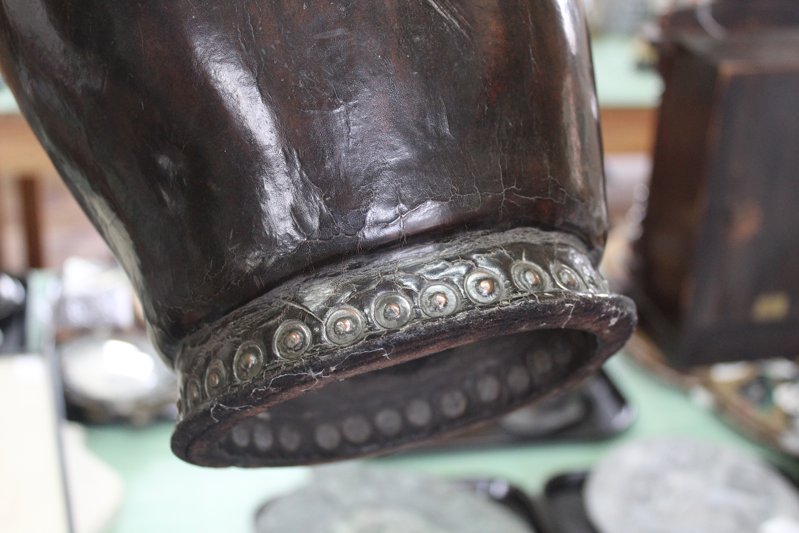 A George III leather bucket of fine original patina with riveted copper rim, - Image 3 of 3