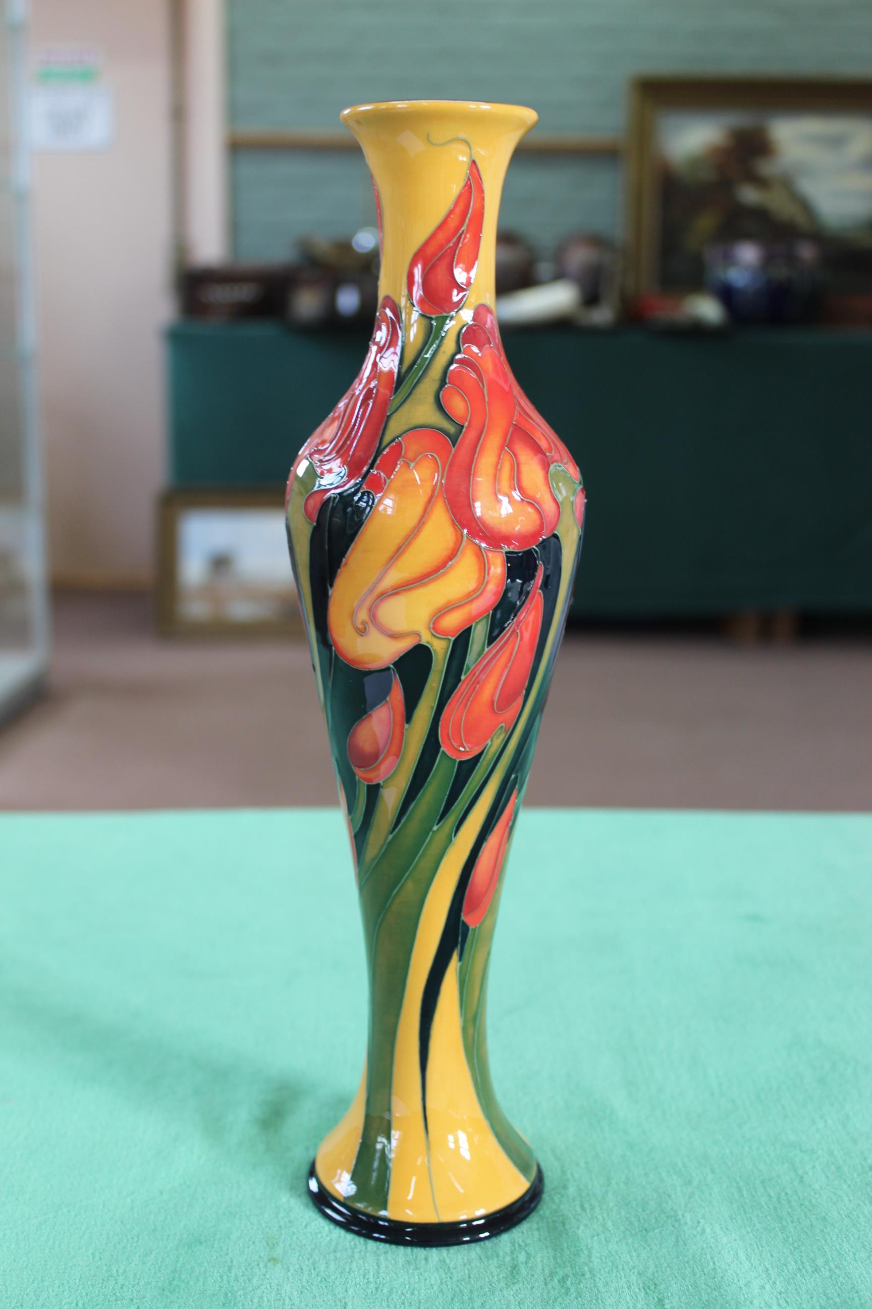 A Moorcroft 'Gloria' pattern vase in mustard colourway, 2008, marked LBE, 12 1/4" high,