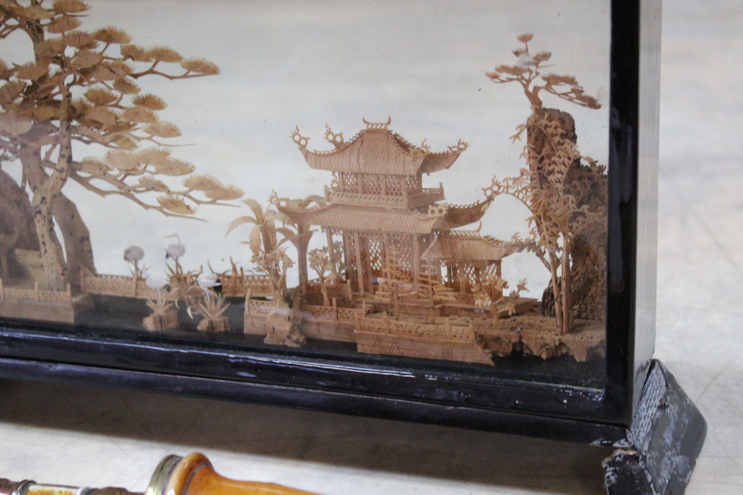 A Tyrolean brass mounted pipe plus a cased sandalwood cut out model of a Chinese temple with trees - Image 3 of 3