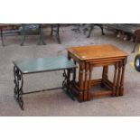 A nest of three oak tables and metal and marble coffee table